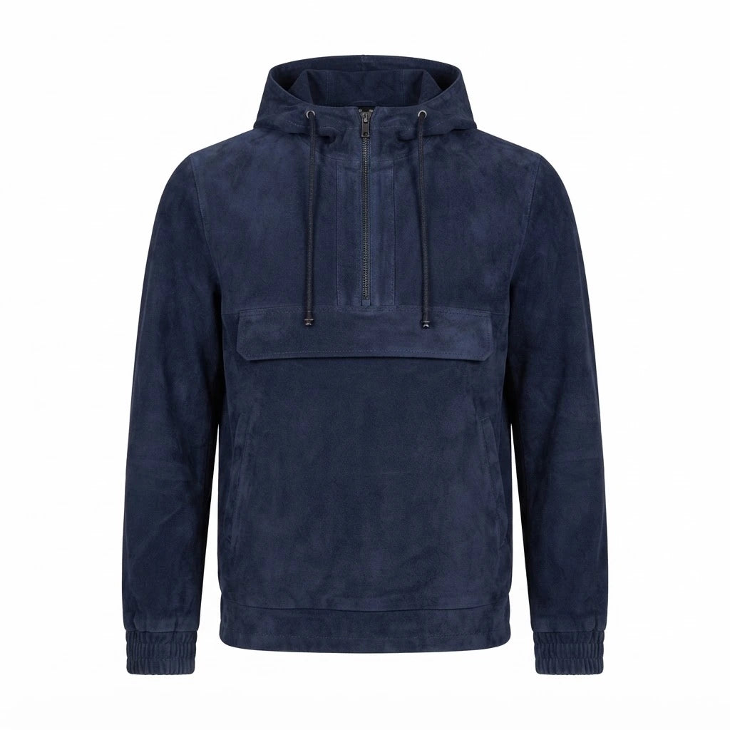 Kenton Hooded Blue Suede Pullover Jacket front view featuring genuine blue suede, attached hood, quarter-zip placket, front pocket, and ribbed trim