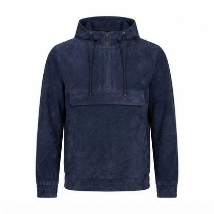 Kenton Hooded Blue Suede Pullover Jacket front view featuring genuine blue suede, attached hood, quarter-zip placket, front pocket, and ribbed trim