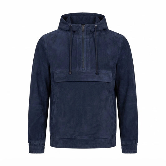 Kenton Hooded Blue Suede Pullover Jacket front view featuring genuine blue suede, attached hood, quarter-zip placket, front pocket, and ribbed trim