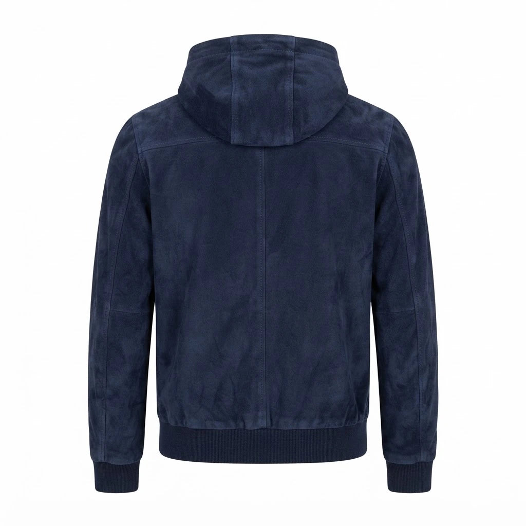 Kenton Hooded Blue Suede Pullover Jacket front view featuring genuine blue suede, attached hood, quarter-zip placket, front pocket, and ribbed trim