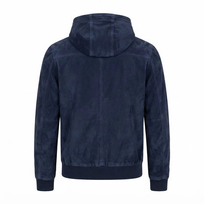 Kenton Hooded Blue Suede Pullover Jacket front view featuring genuine blue suede, attached hood, quarter-zip placket, front pocket, and ribbed trim