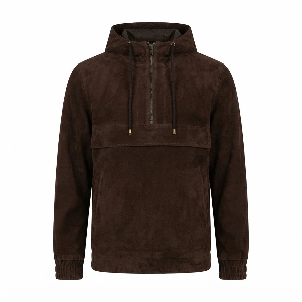Kenton Hooded Mocha Suede Pullover Jacket front view featuring genuine mocha suede, attached hood, quarter-zip placket, front pocket, and ribbed trim   