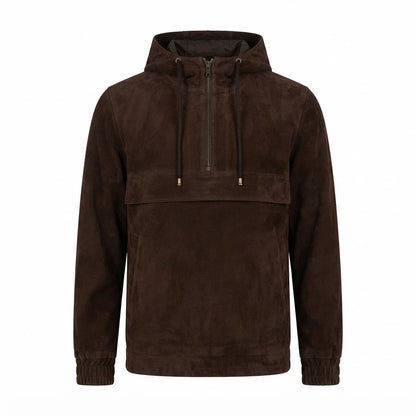 Kenton Hooded Mocha Suede Pullover Jacket front view featuring genuine mocha suede, attached hood, quarter-zip placket, front pocket, and ribbed trim   