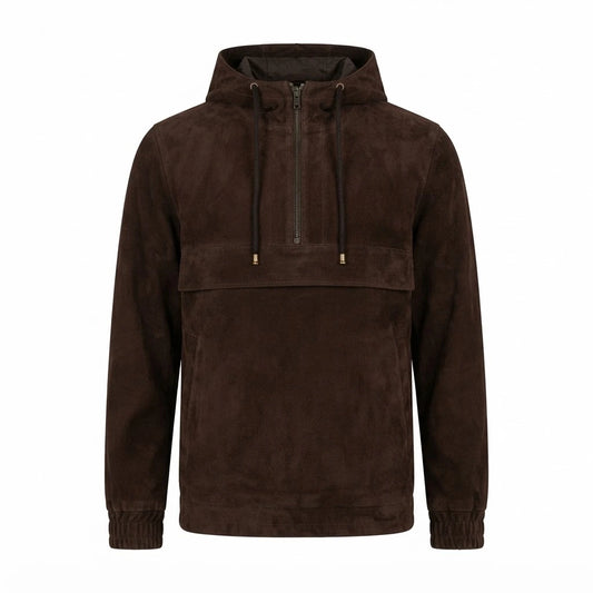 Kenton Hooded Mocha Suede Pullover Jacket front view featuring genuine mocha suede, attached hood, quarter-zip placket, front pocket, and ribbed trim   