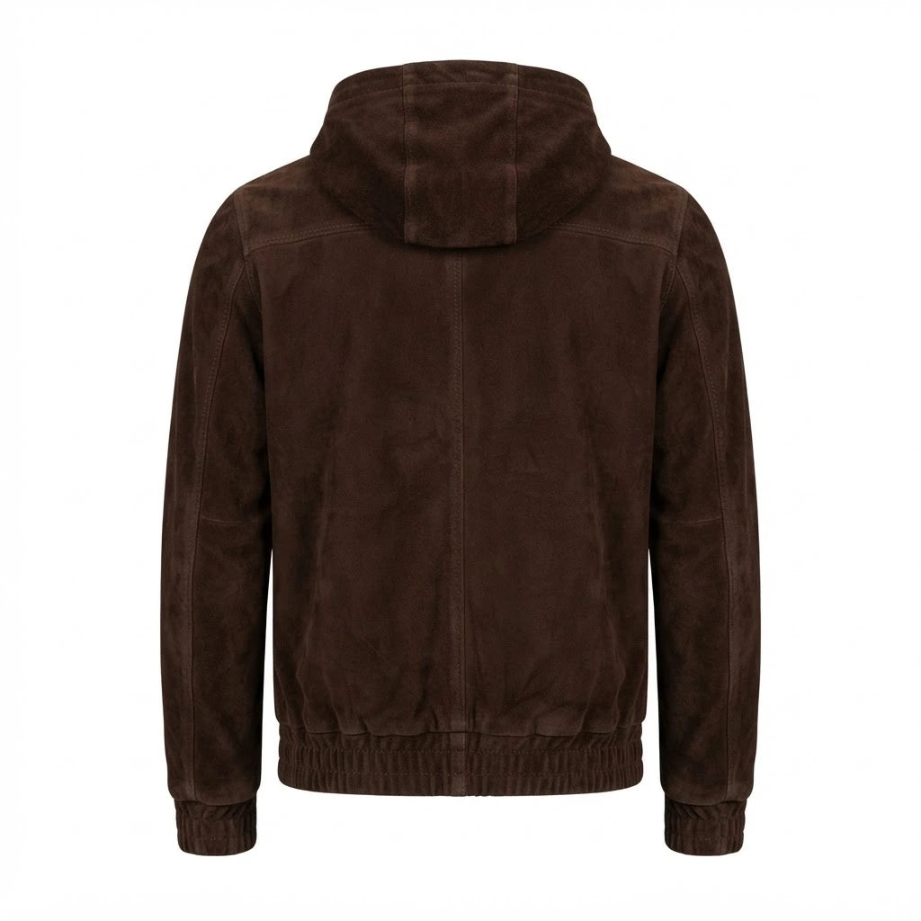 Kenton Hooded Mocha Suede Pullover Jacket front view featuring genuine mocha suede, attached hood, quarter-zip placket, front pocket, and ribbed trim   