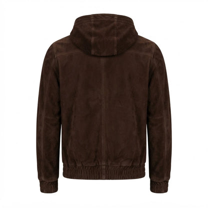Kenton Hooded Mocha Suede Pullover Jacket front view featuring genuine mocha suede, attached hood, quarter-zip placket, front pocket, and ribbed trim   