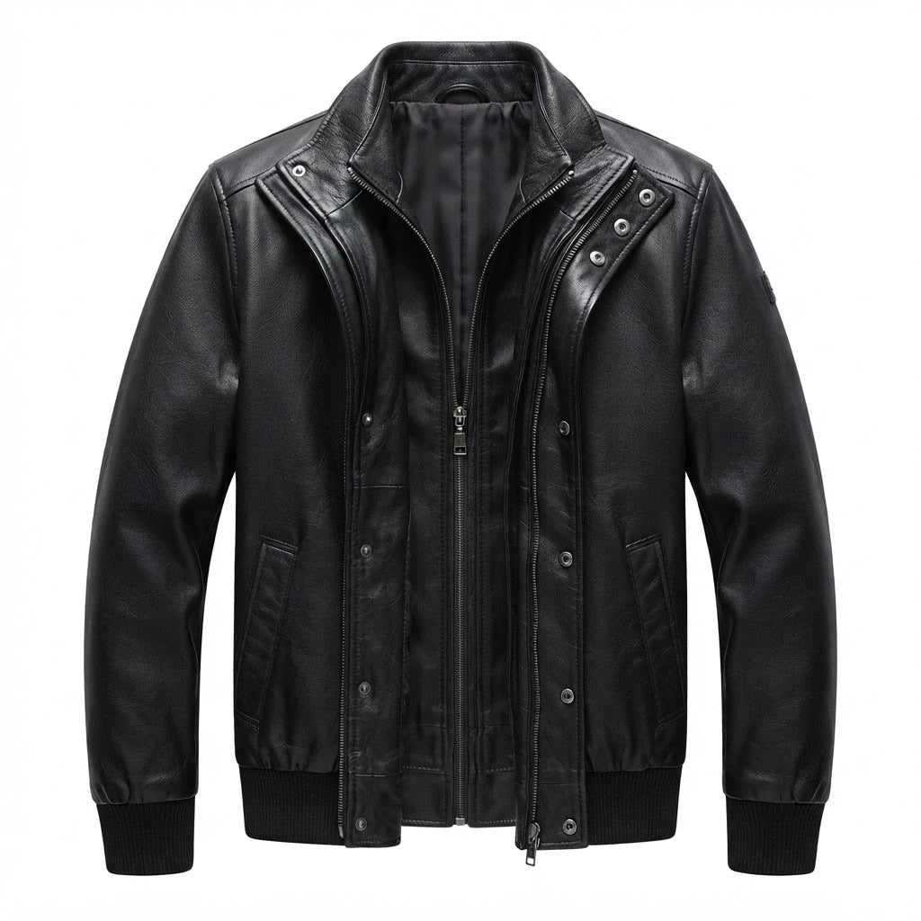 Lester Black Leather Bomber Jacket front view featuring genuine black leather, layered front placket, full zip closure, and ribbed hem