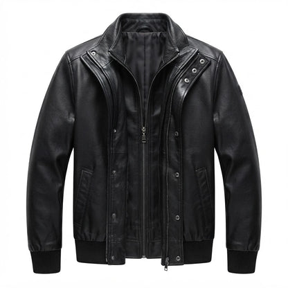 Lester Black Leather Bomber Jacket front view featuring genuine black leather, layered front placket, full zip closure, and ribbed hem