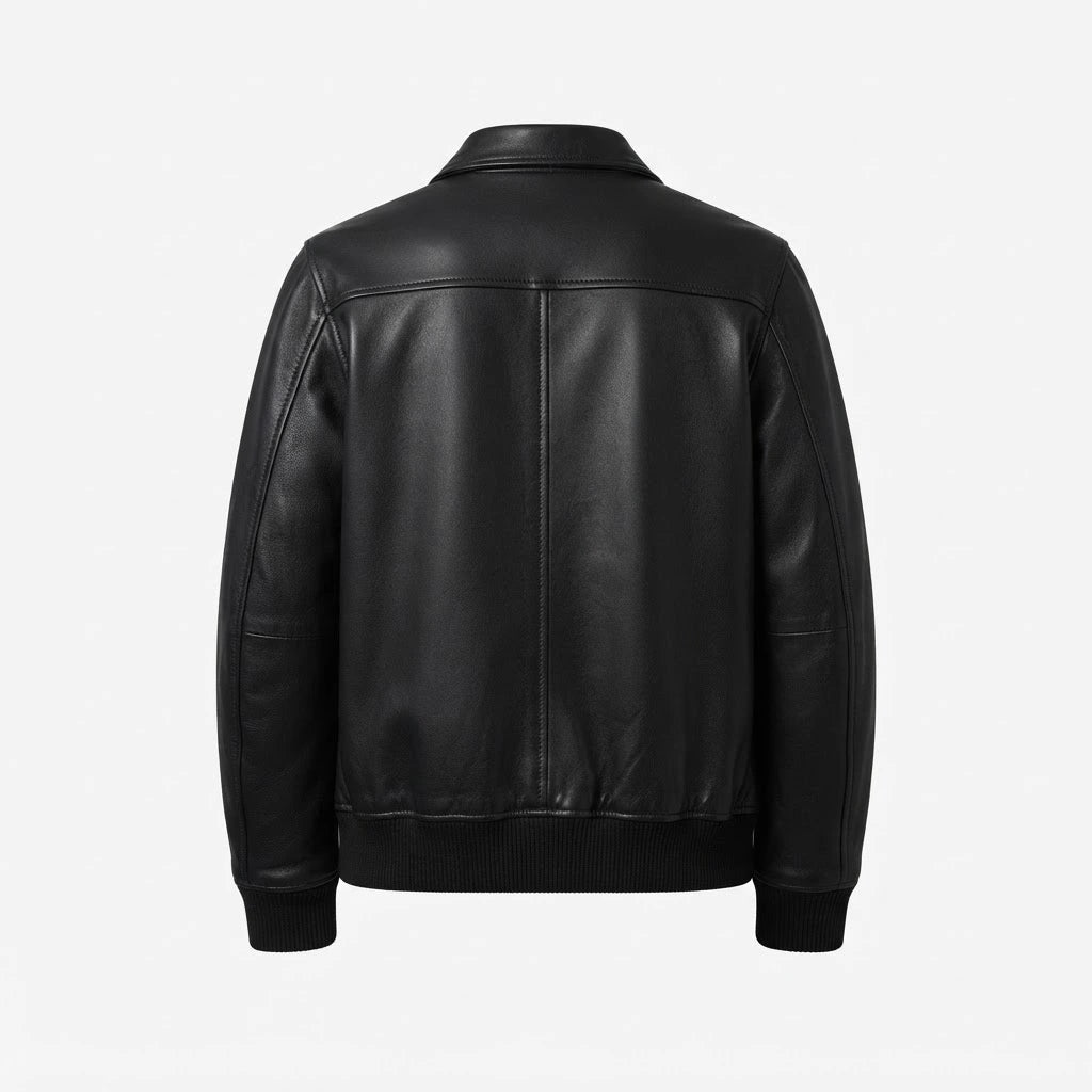 Lester Black Leather Bomber Jacket front view featuring genuine black leather, layered front placket, full zip closure, and ribbed hem