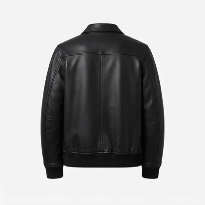 Lester Black Leather Bomber Jacket front view featuring genuine black leather, layered front placket, full zip closure, and ribbed hem