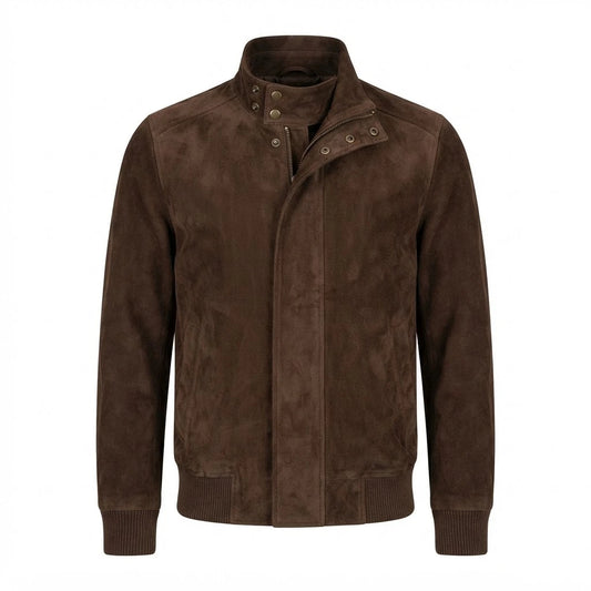 Lester Men’s Brown Suede Bomber Jacket front view featuring genuine brown suede, snap stand collar, storm flap, full zipper, and ribbed hem   