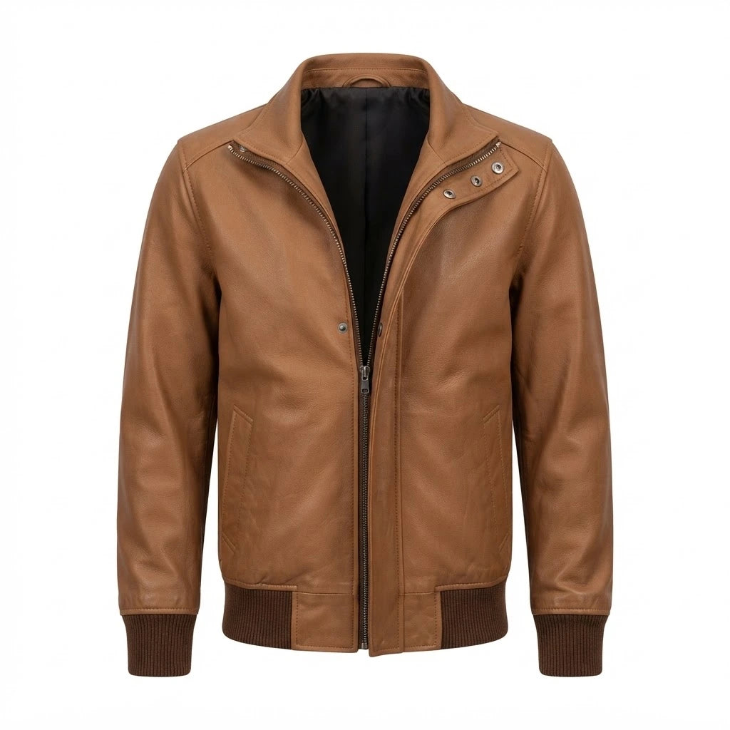 Lester Tan Leather Bomber Jacket front view featuring genuine tan leather, layered front placket, full zip closure, and ribbed hem   