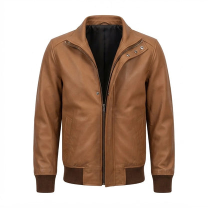 Lester Tan Leather Bomber Jacket front view featuring genuine tan leather, layered front placket, full zip closure, and ribbed hem   