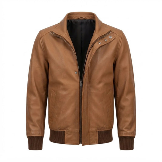 Lester Tan Leather Bomber Jacket front view featuring genuine tan leather, layered front placket, full zip closure, and ribbed hem   