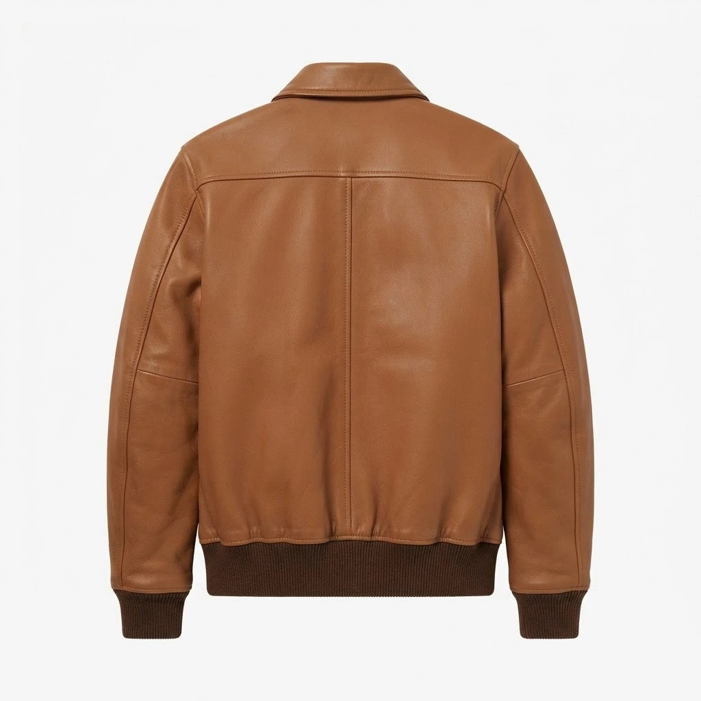 Lester Tan Leather Bomber Jacket front view featuring genuine tan leather, layered front placket, full zip closure, and ribbed hem   