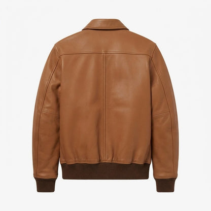 Lester Tan Leather Bomber Jacket front view featuring genuine tan leather, layered front placket, full zip closure, and ribbed hem   
