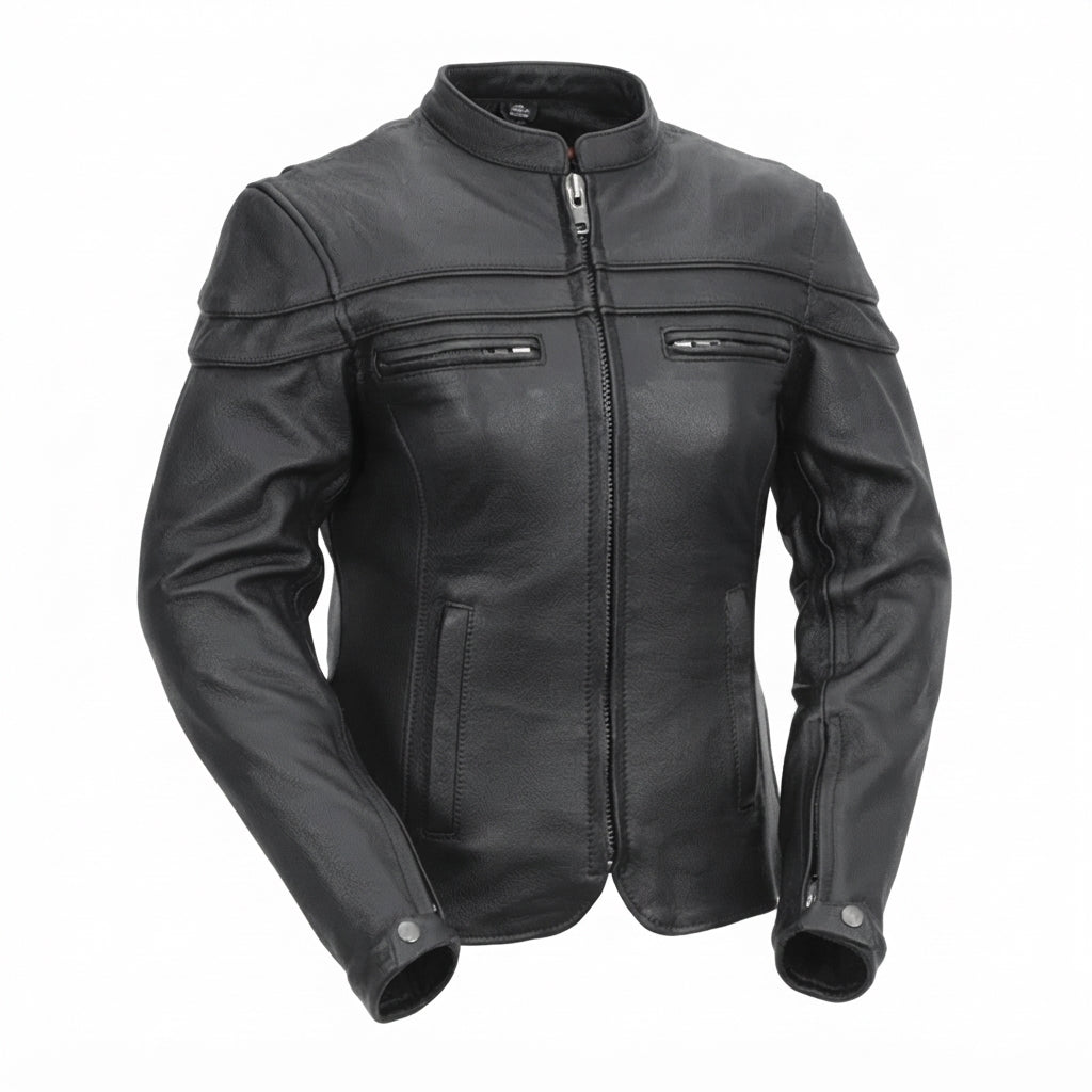 Maiden women's motorcycle leather jacket front view showing mandarin snap collar, zippered chest pockets, and black leather finish.