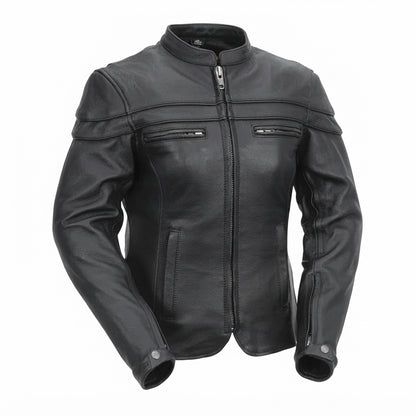 Maiden women's motorcycle leather jacket front view showing mandarin snap collar, zippered chest pockets, and black leather finish.
