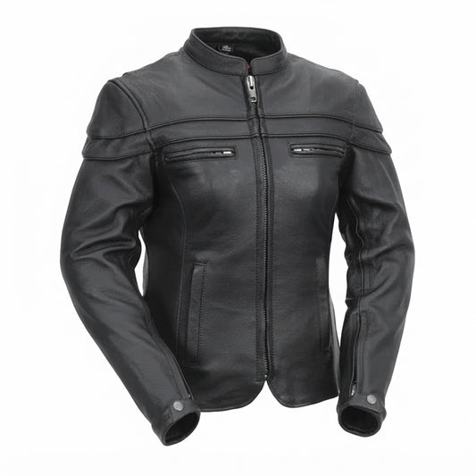 Maiden women's motorcycle leather jacket front view showing mandarin snap collar, zippered chest pockets, and black leather finish.