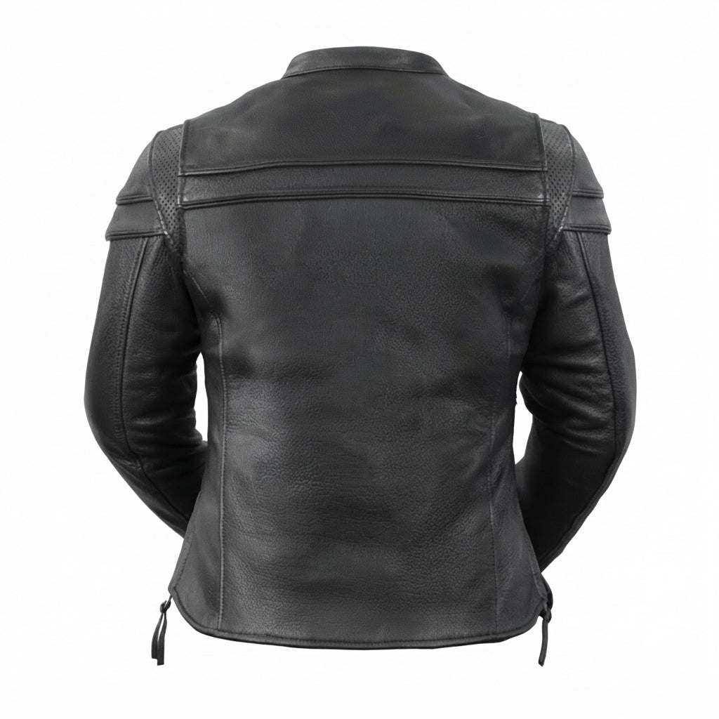 Maiden women's motorcycle leather jacket front view showing mandarin snap collar, zippered chest pockets, and black leather finish.