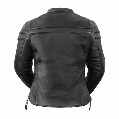 Maiden women's motorcycle leather jacket front view showing mandarin snap collar, zippered chest pockets, and black leather finish.