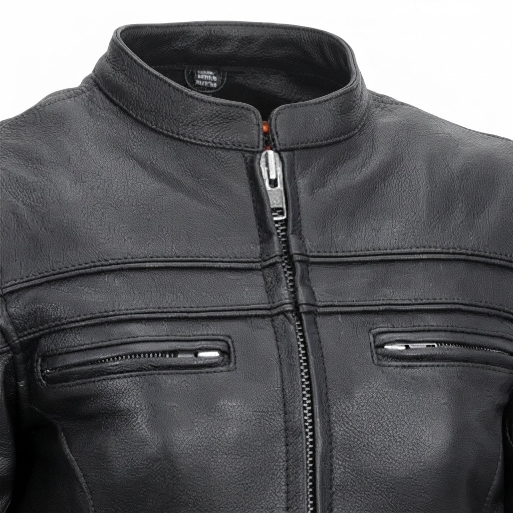 Maiden women's motorcycle leather jacket front view showing mandarin snap collar, zippered chest pockets, and black leather finish.
