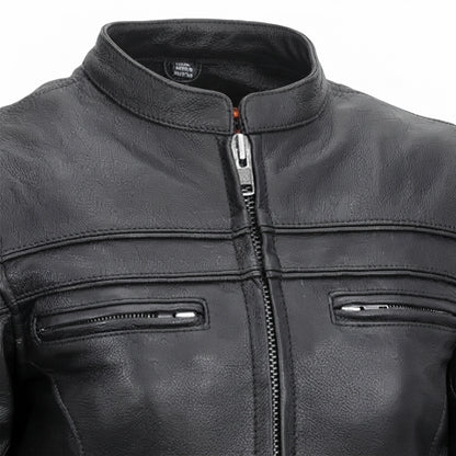 Maiden women's motorcycle leather jacket front view showing mandarin snap collar, zippered chest pockets, and black leather finish.