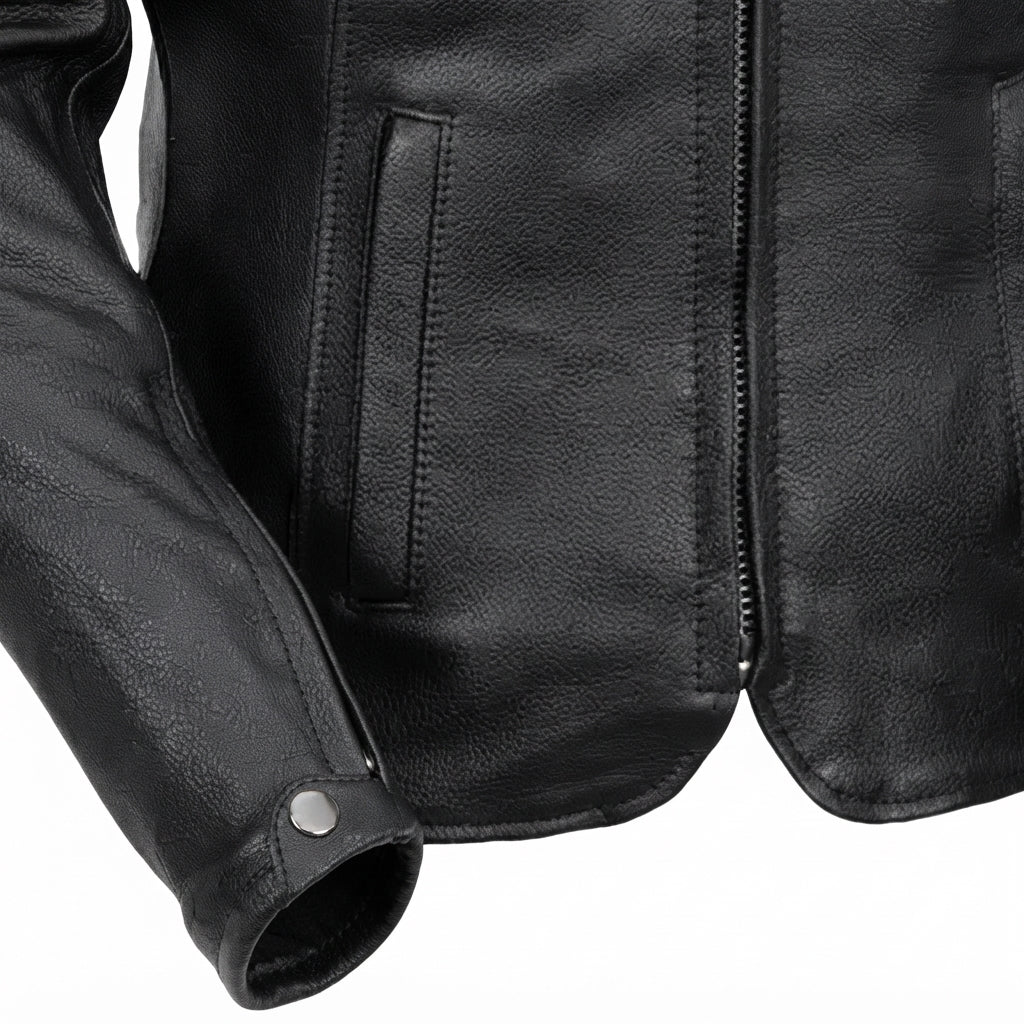 Maiden women's motorcycle leather jacket front view showing mandarin snap collar, zippered chest pockets, and black leather finish.