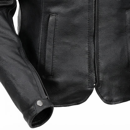 Maiden women's motorcycle leather jacket front view showing mandarin snap collar, zippered chest pockets, and black leather finish.