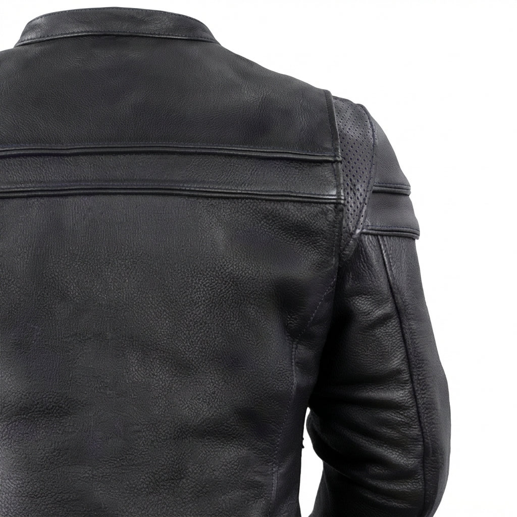 Maiden women's motorcycle leather jacket front view showing mandarin snap collar, zippered chest pockets, and black leather finish.