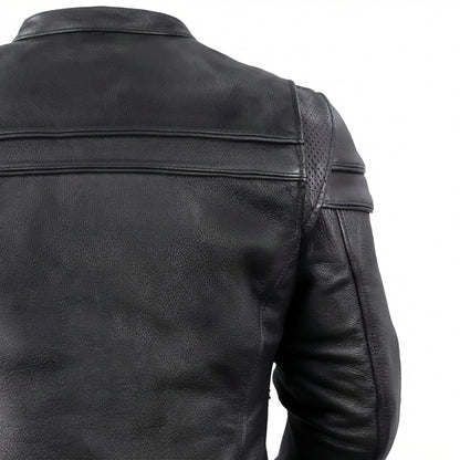 Maiden women's motorcycle leather jacket front view showing mandarin snap collar, zippered chest pockets, and black leather finish.