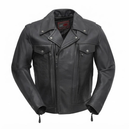 Mastermind Men’s Motorcycle Leather Jacket front view featuring asymmetric zipper, snap lapels, and button-flap chest pockets