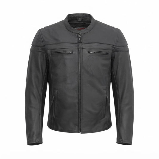 Maverick Men’s Motorcycle Leather Jacket front view featuring mandarin collar, clean shoulder paneling, and central metal zipper