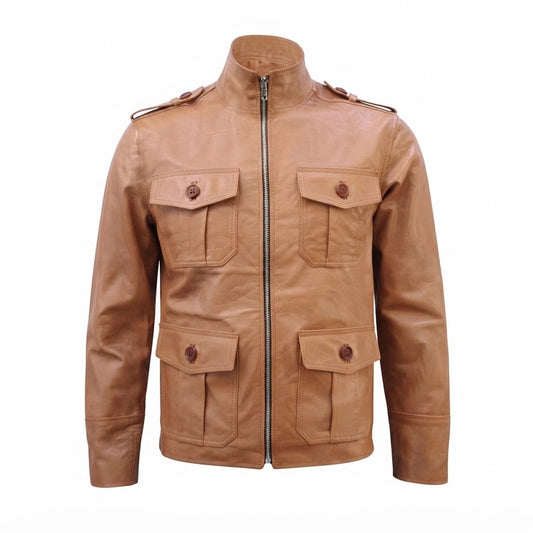 Men’s 4-Pocket Tan Leather Jacket front view with mandarin collar and four cargo pockets
