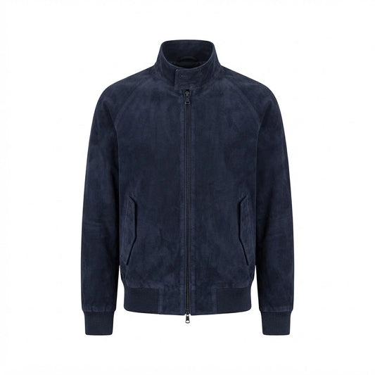Men’s Admiral Navy Blue Suede Bomber Jacket front view featuring genuine navy suede, stand collar with throat latch, full metal zipper, and ribbed hem   