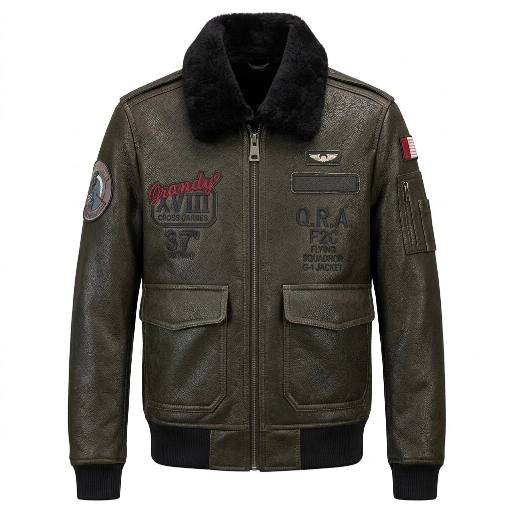 Men’s Air Force Flight Jacket – Winter Coat front view with black fur collar and patches