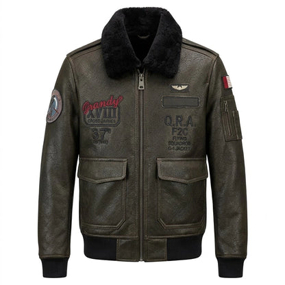 Men’s Air Force Flight Jacket – Winter Coat front view with black fur collar and patches