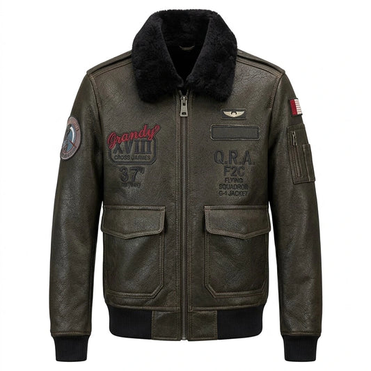 Men’s Air Force Flight Jacket – Winter Coat front view with black fur collar and patches