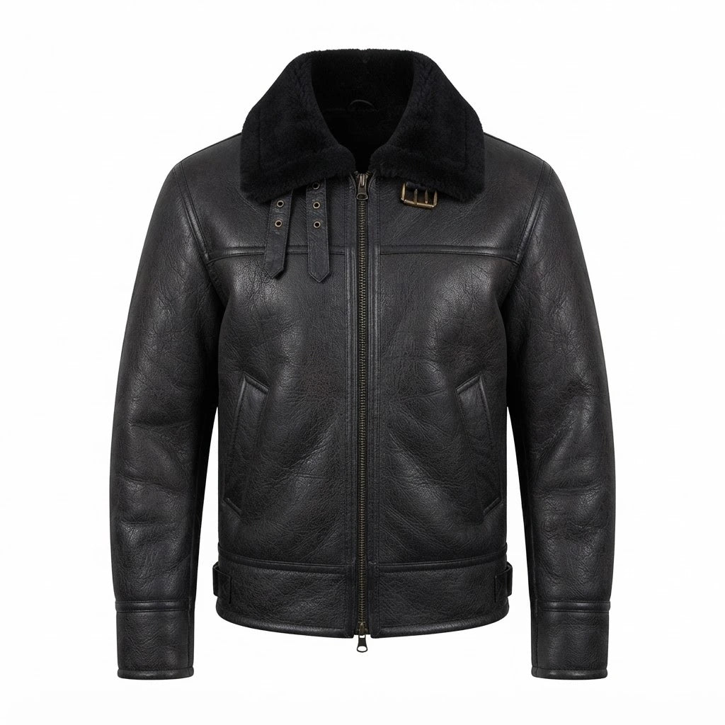 Men’s B3 Aviator Bomber Leather Jacket front view featuring genuine leather, plush shearling collar, buckle throat latches, and front zip closure   