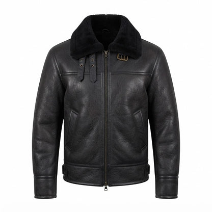 Men’s B3 Aviator Bomber Leather Jacket front view featuring genuine leather, plush shearling collar, buckle throat latches, and front zip closure   
