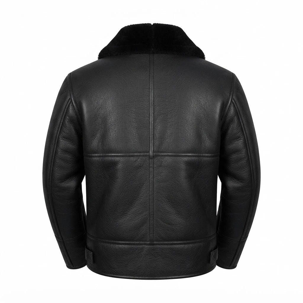 Men’s B3 Aviator Bomber Leather Jacket front view featuring genuine leather, plush shearling collar, buckle throat latches, and front zip closure   