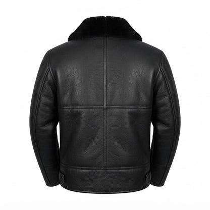 Men’s B3 Aviator Bomber Leather Jacket front view featuring genuine leather, plush shearling collar, buckle throat latches, and front zip closure   