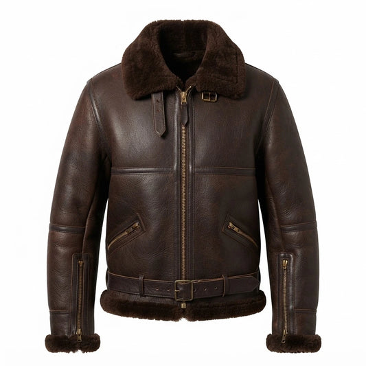 Men’s B3 Aviator RAF Shearling Flight Bomber Jacket front view featuring genuine dark brown leather, matching shearling collar, zip cuffs, and waist belt   