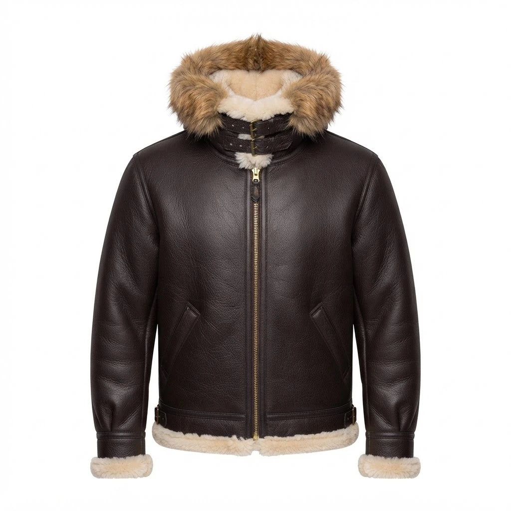 Men’s B-3 Hooded Sheepskin Bomber Leather Jacket front view featuring genuine dark leather, plush fur-lined hood, double-buckle throat latch, and front zip closure   