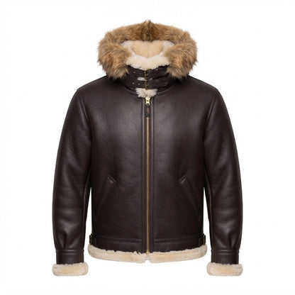 Men’s B-3 Hooded Sheepskin Bomber Leather Jacket front view featuring genuine dark leather, plush fur-lined hood, double-buckle throat latch, and front zip closure   