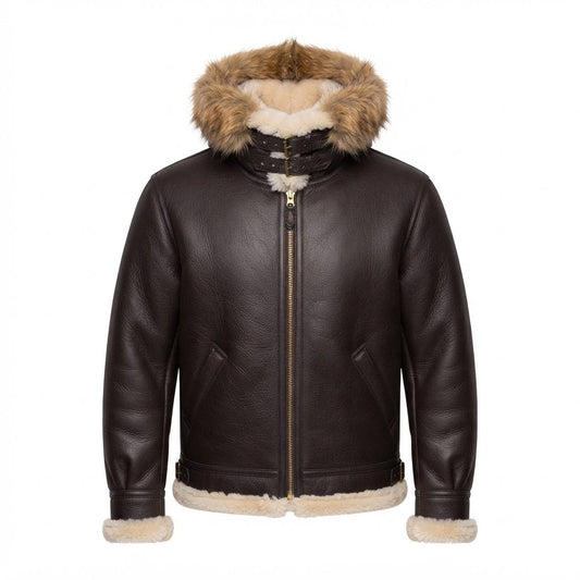 Men’s B-3 Hooded Sheepskin Bomber Leather Jacket front view featuring genuine dark leather, plush fur-lined hood, double-buckle throat latch, and front zip closure   