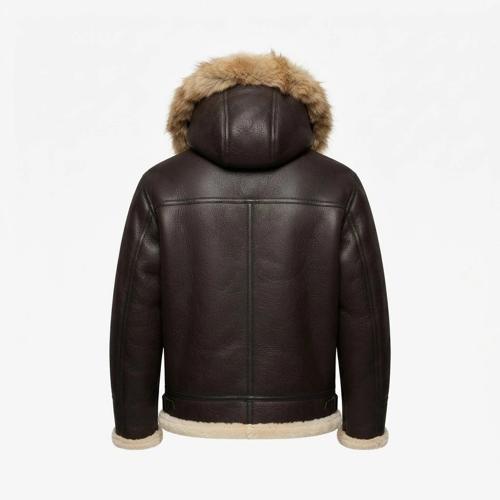 Men’s B-3 Hooded Sheepskin Bomber Leather Jacket front view featuring genuine dark leather, plush fur-lined hood, double-buckle throat latch, and front zip closure   