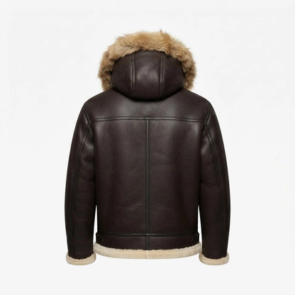 Men’s B-3 Hooded Sheepskin Bomber Leather Jacket front view featuring genuine dark leather, plush fur-lined hood, double-buckle throat latch, and front zip closure   
