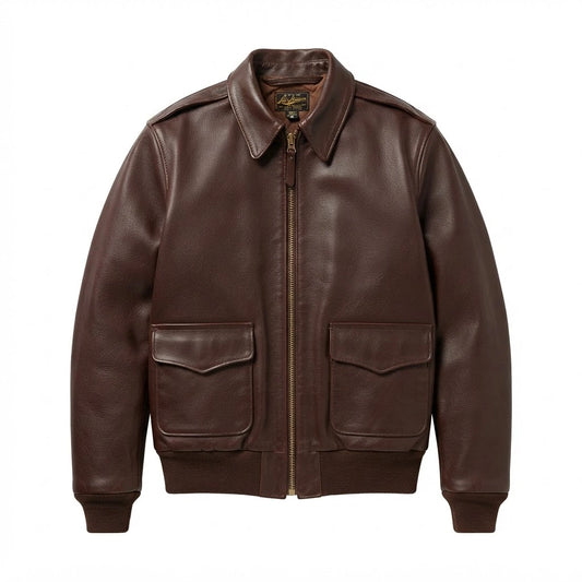 Men’s B3 RAF Aviator Sheepskin Leather Jacket front view featuring genuine brown leather, plush shearling collar, metal zipper, and waist buckle straps