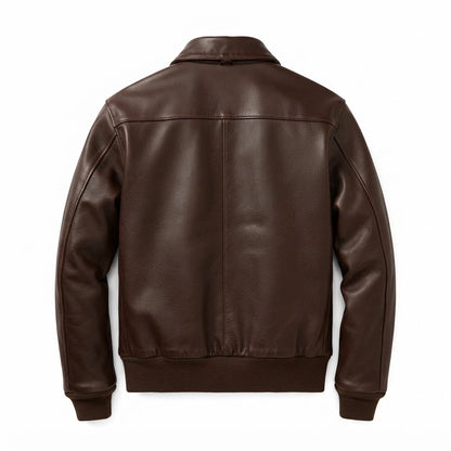 Men’s B3 RAF Aviator Sheepskin Leather Jacket front view featuring genuine brown leather, plush shearling collar, metal zipper, and waist buckle straps